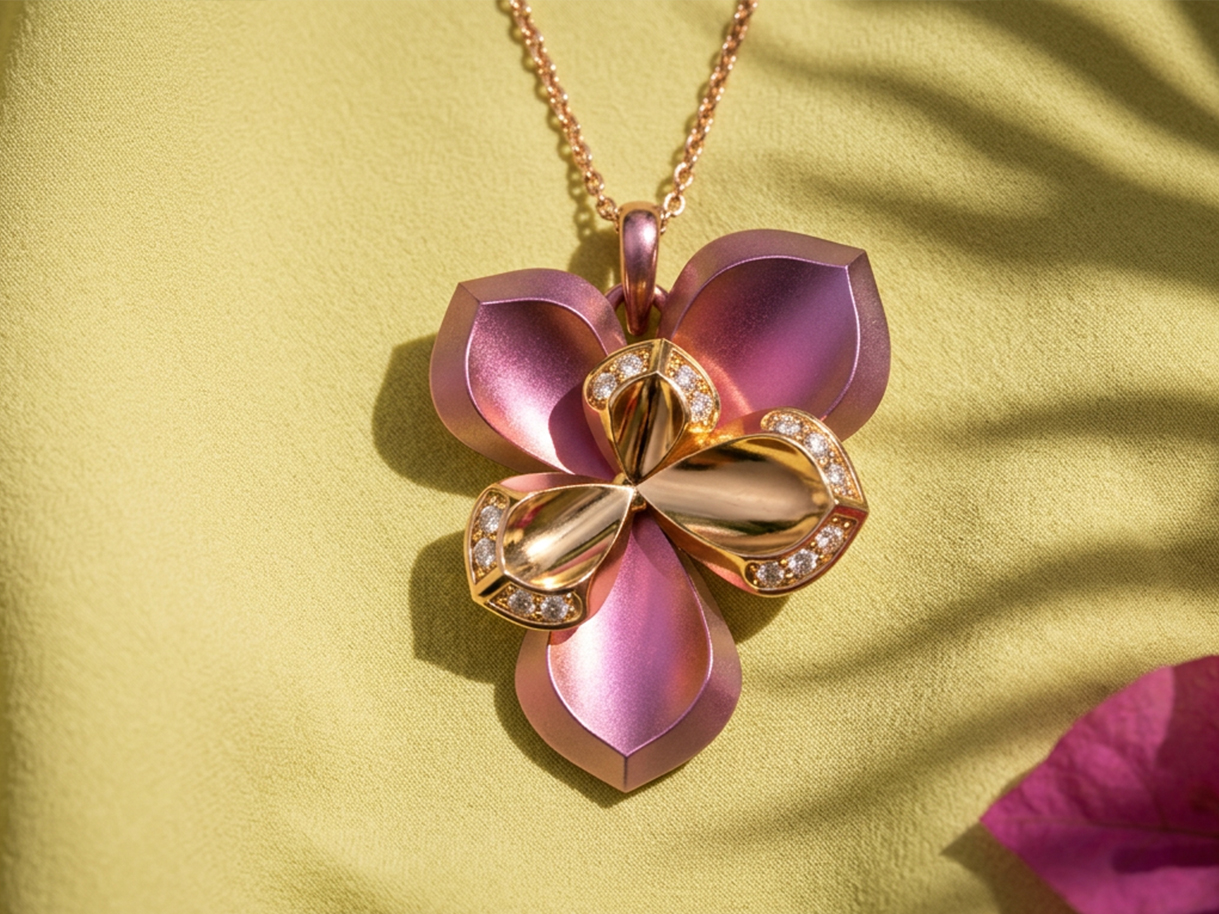 Pendentif succulente en titane rose, or et diamants