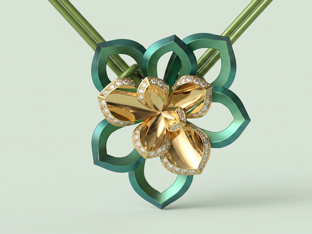 Collier succulente en titane vert, or et diamants