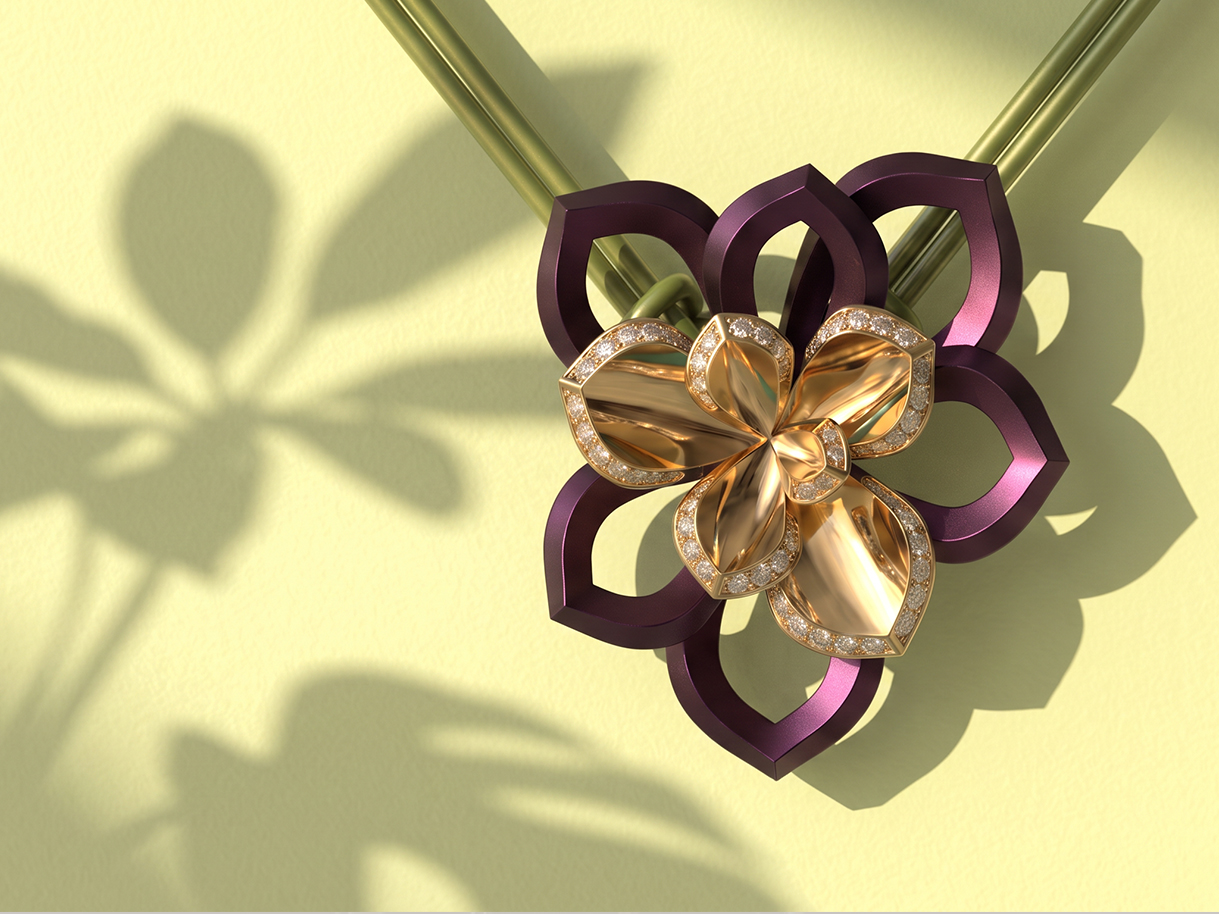 Collier succulente en titane violet, or et diamants