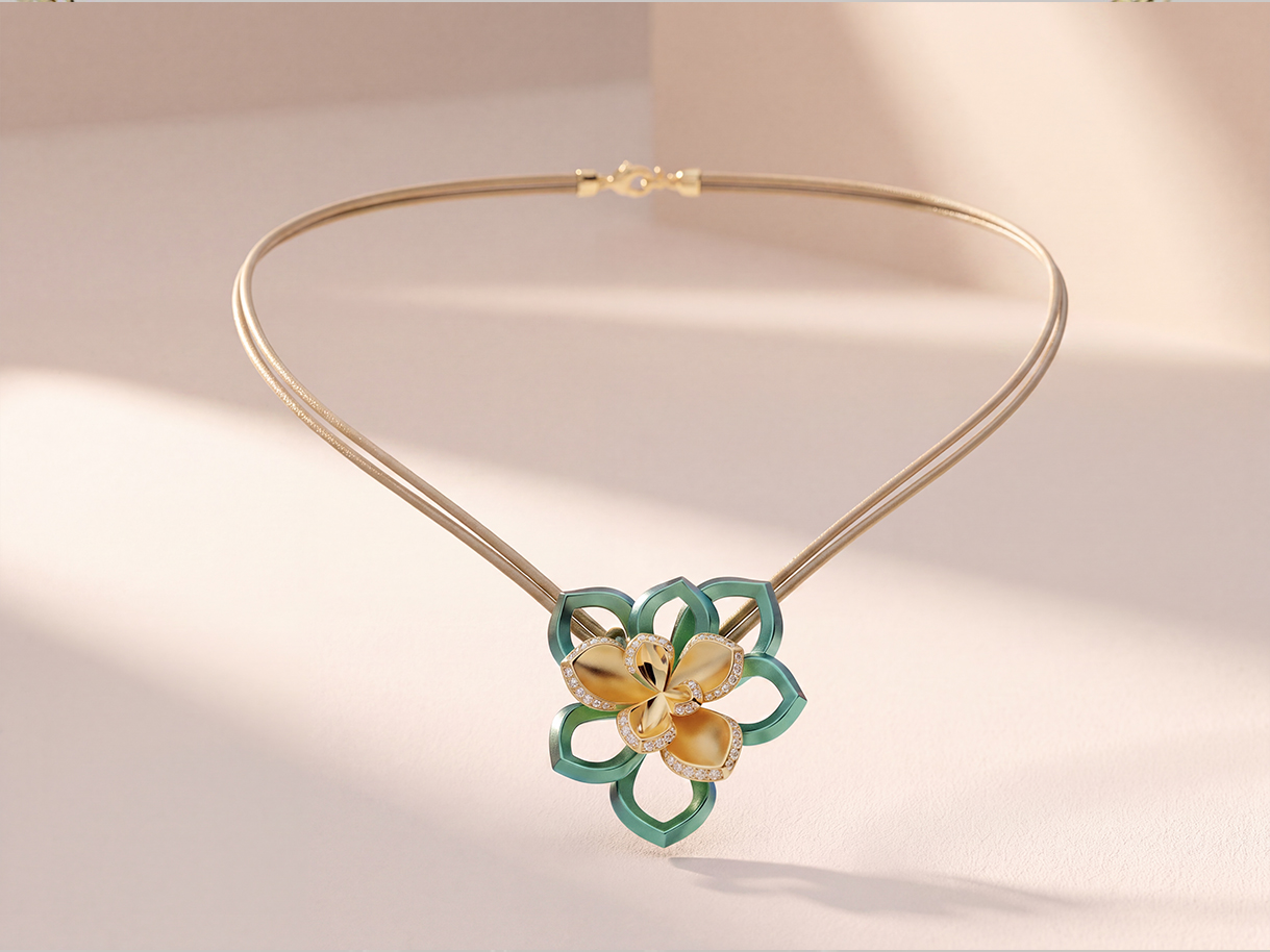 Collier succulente en titane vert et or sur double cordon doré